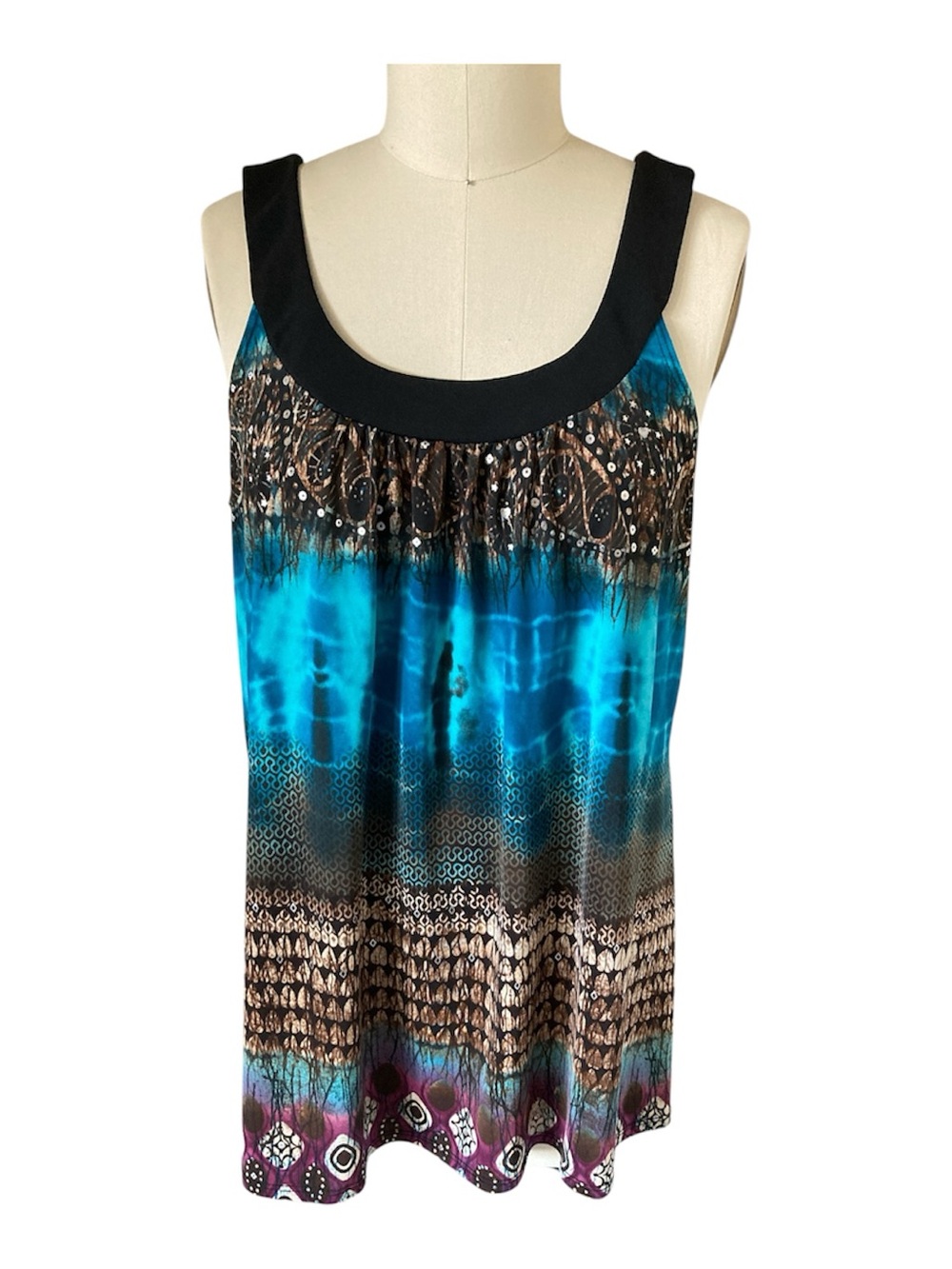 Dress Barn Turquoise abstract Sleeveless Scoop Neck Tank with Black Trim